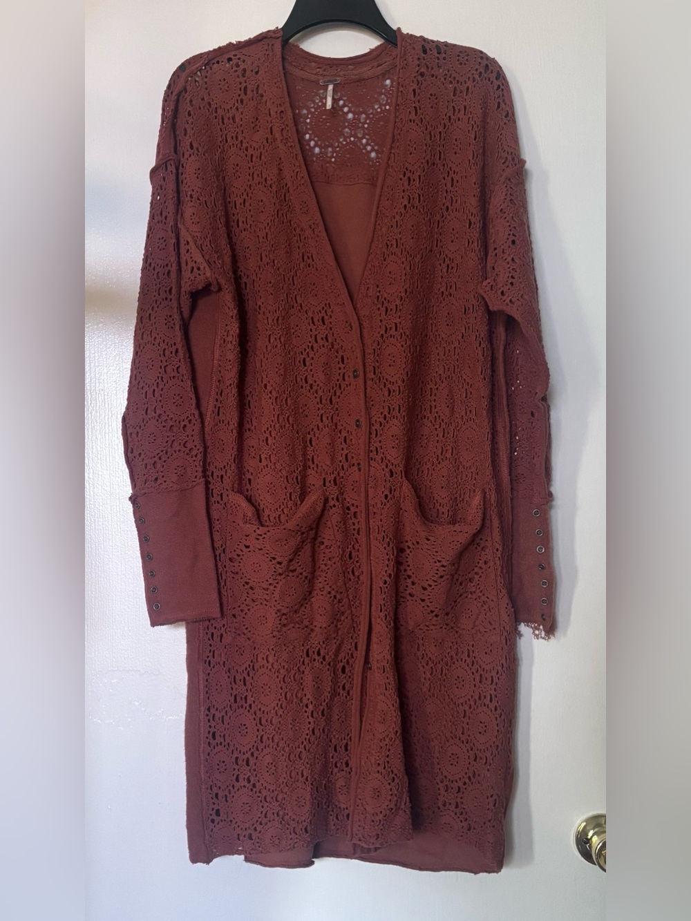 Free People Long Crochet Cardigan in Rust